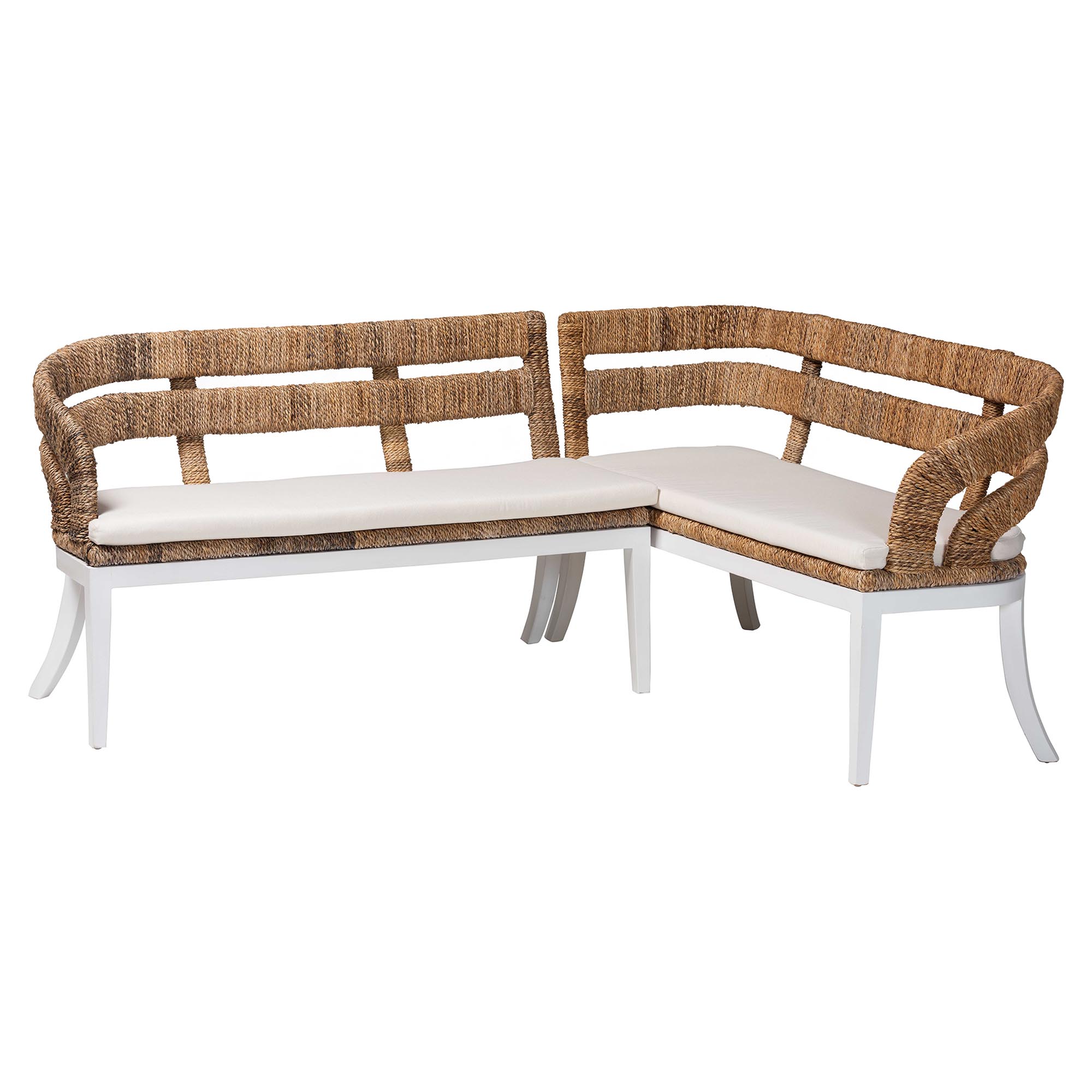 bali & pari Ubud Seagrass Dining Nook Set with Mahogany Wood Frame - L-Shaped Rattan Accent Corner Bench for Kitchen or Dining Room, 2-Piece